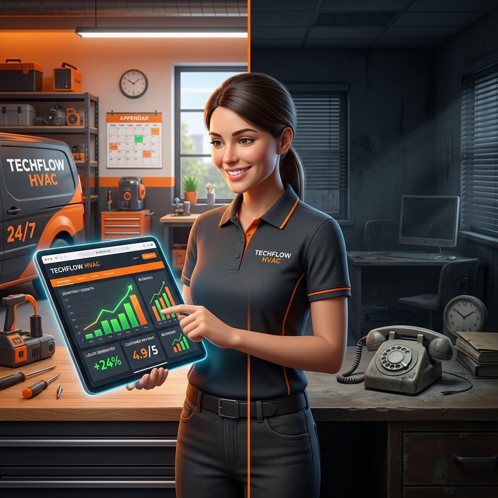 Split screen: a roofer's phone showing a Google search result with a website vs. a competitor with none
