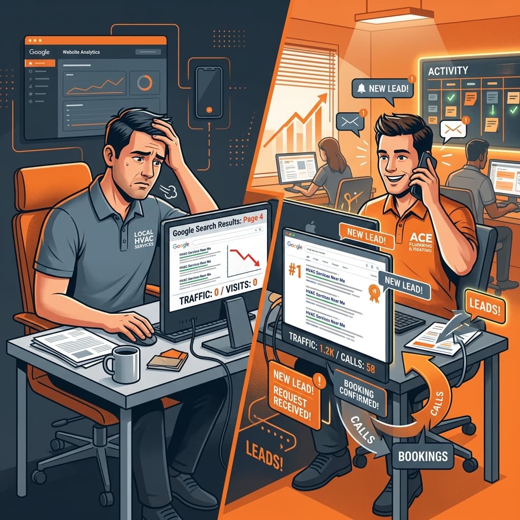 Local service business failing online vs. competitor winning, split screen concept